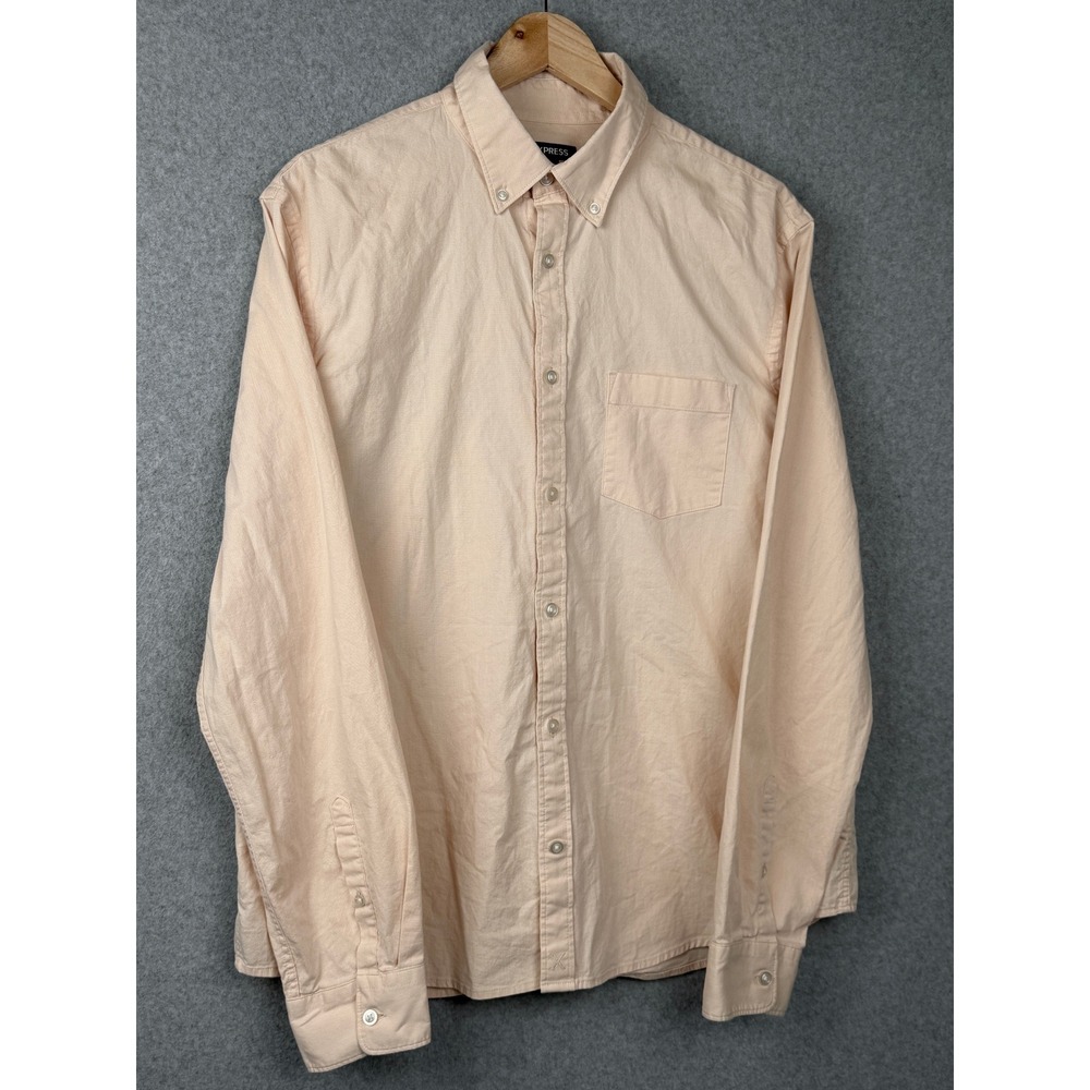 Express Button-Down Men L Peach Solid Long Sleeve Pocket Shirt Casual Stretch